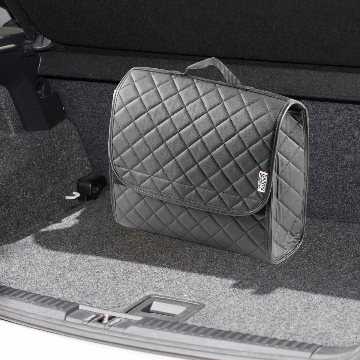 Boot Tidy Organiser Compact Storage Car Trunk Anti Slip Bag Leather Square Quilted Grey