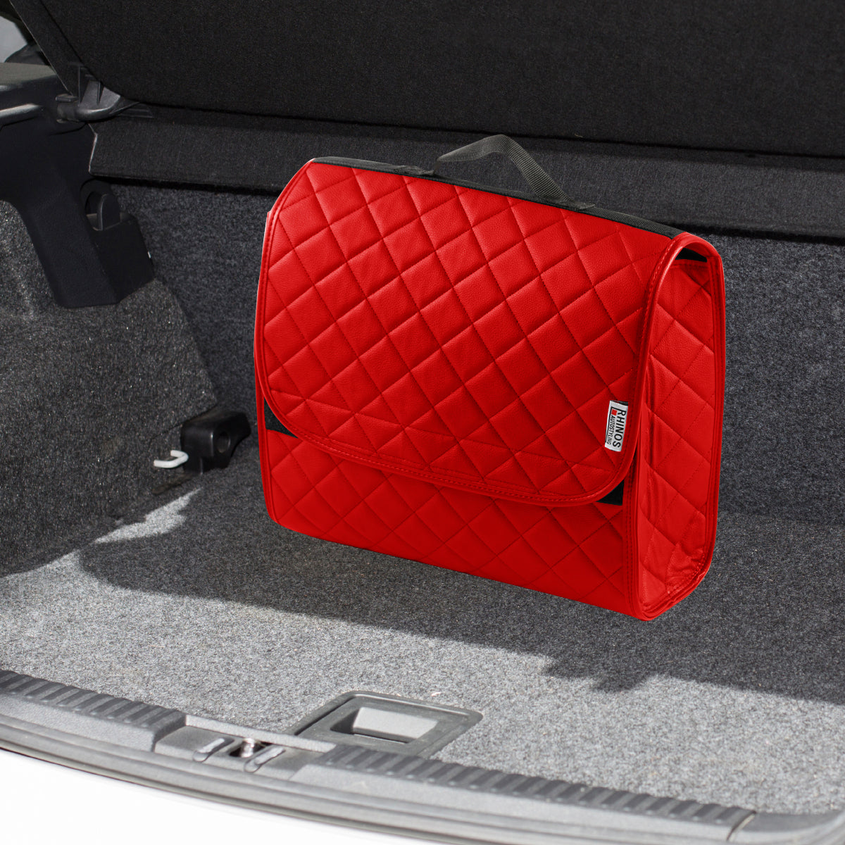 Boot Tidy Organiser Compact Storage Car Trunk Anti Slip Bag Leather Square Quilted Red