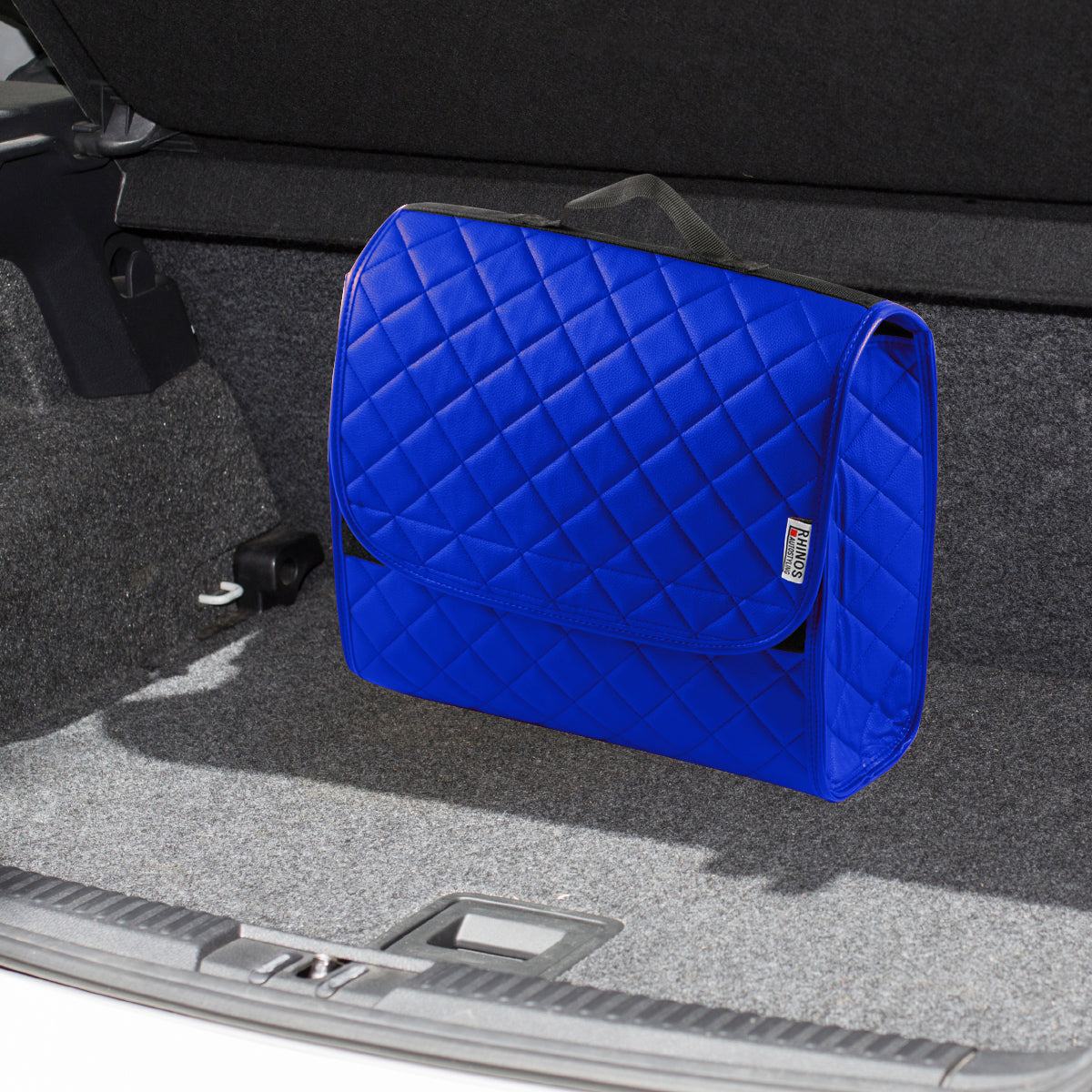 Boot Tidy Organiser Compact Storage Car Trunk Anti Slip Bag Leather Square Quilted Blue