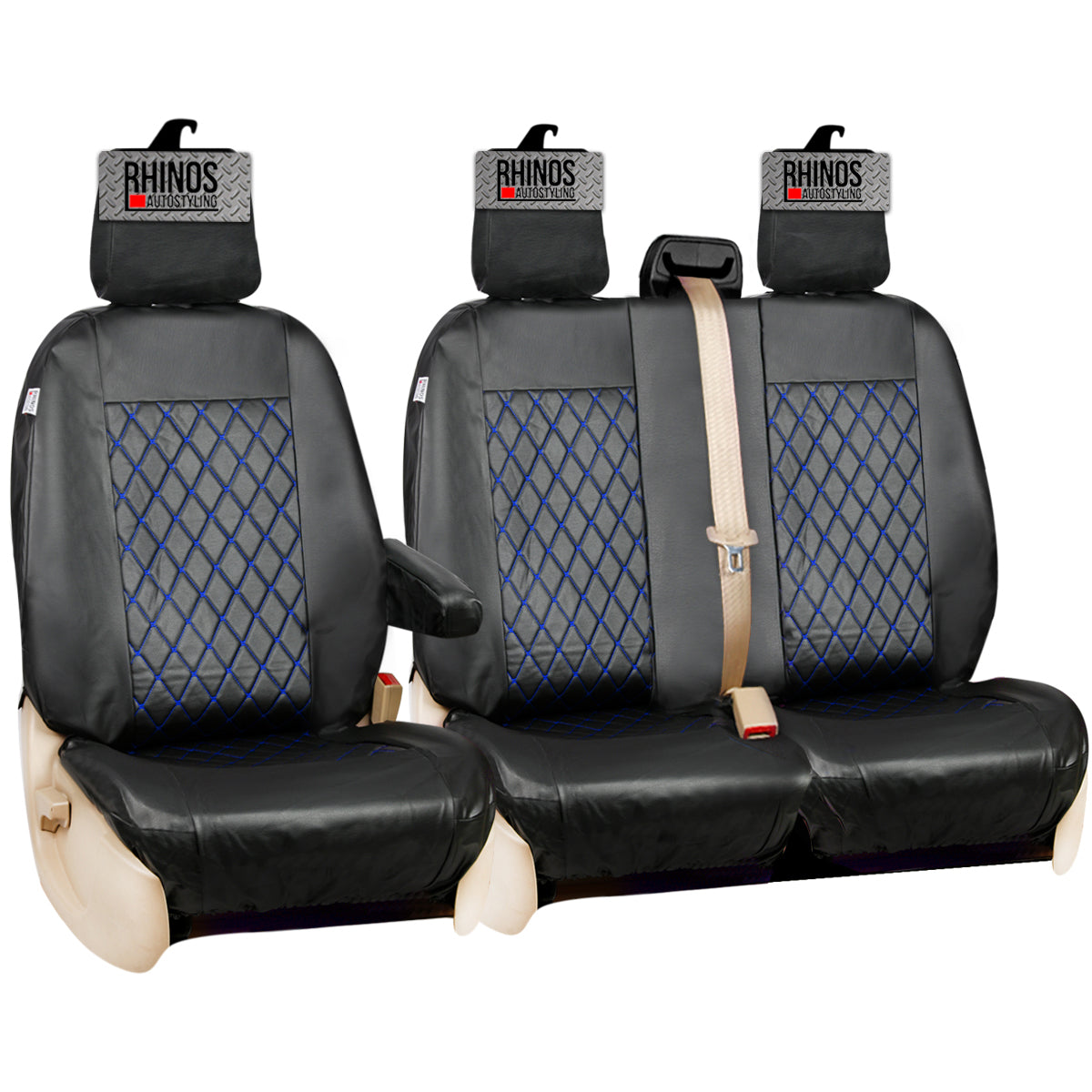 TAILORED FOR FORD TRANSIT CUSTOM 2013-2022 - BLACK DIAMOND LEATHER VAN SEAT COVERS