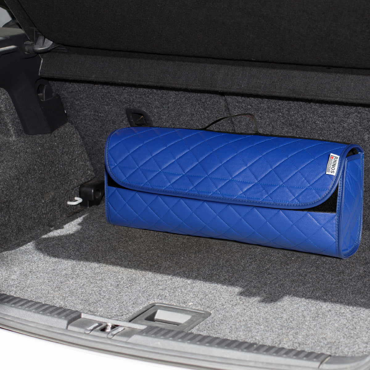 Durable Boot Tidy Tool Declutter Organiser Compact Storage Car Trunk Anti Slip Bag Leather Quilted Blue