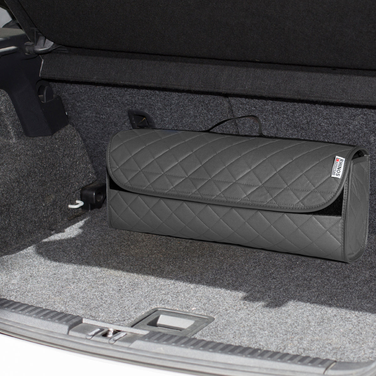 Durable Boot Tidy Tool Declutter Organiser Compact Storage Car Trunk Anti Slip Bag Leather Quilted Grey