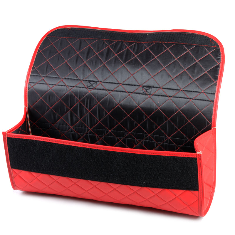 Durable Boot Tidy Tool Declutter Organiser Compact Storage Car Trunk Anti Slip Bag Leather Quilted Red