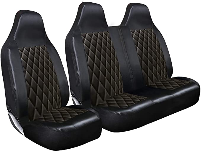 Premium Luxury Van Seat Covers Single Drivers And Double Passengers Seat Covers - 2 + 1 - Black Quilted Diamond Leather