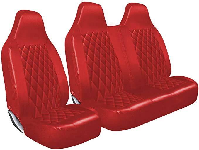 Premium Luxury Van Seat Covers Single Drivers And Double Passengers Seat Covers - 2 + 1 - Red Quilted Diamond Leather